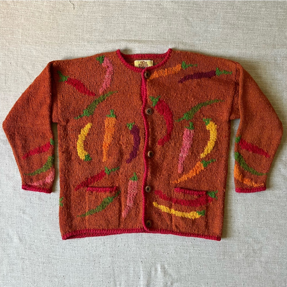 Vintage 90s Amano Rare Chili Pepper Wool Cardigan Sweater
